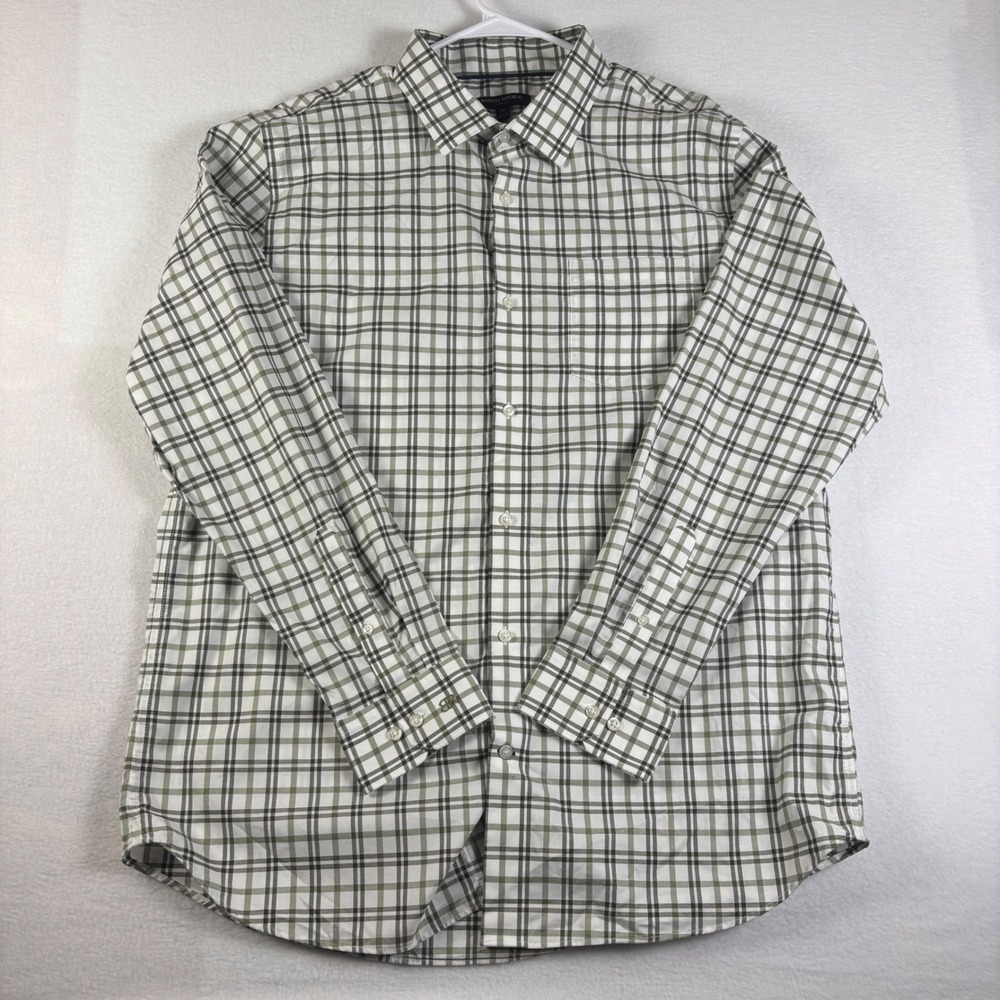 Banana Republic Mens XXL Slim Fit Plaid Button Down Shirt Olive Green White Long